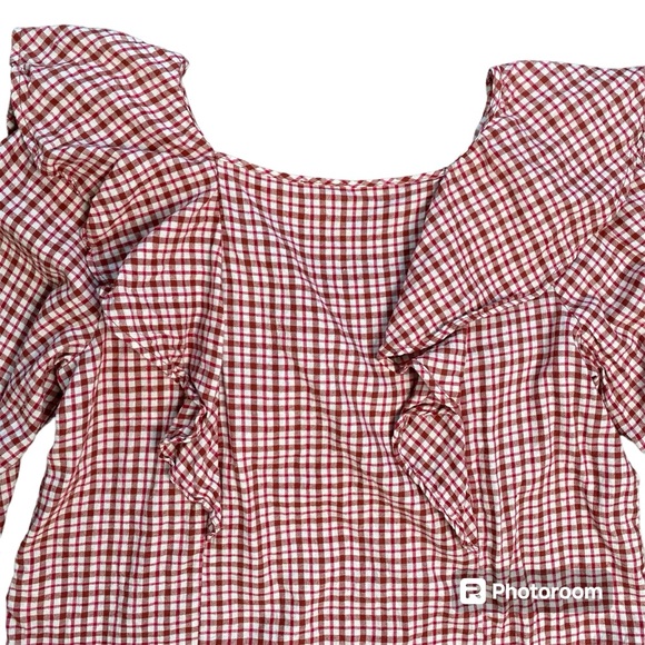 J. Crew Women's Red Plaid Ruffle Long Sleeve Blouse Top Square Neck Size L - Picture 4 of 12